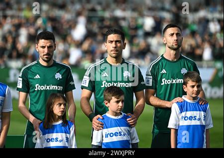 Athens, Lombardy, Greece. 31st Mar, 2024. 8 TASOS BAKASETAS of Panathinaikos FC is playing during the Greek Super League, Play Offs, match between Panathinaikos FC and PAOK FC at Apostolos Nikolaidis Stadium, on March 31, 2024, in Athens, Greece (Credit Image: © Stefanos Kyriazis/ZUMA Press Wire) EDITORIAL USAGE ONLY! Not for Commercial USAGE! Stock Photo