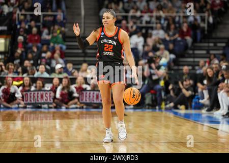 Albany, New York, USA. 31st Mar, 2024. Oregon State guard TALIA VON OELHOFFEN (22) sets up her team during the 2024 NCAA Women's Basketball Tournament Albany 1 Regional Final at MVP Arena in Albany, N.Y. (Credit Image: © Scott Rausenberger/ZUMA Press Wire) EDITORIAL USAGE ONLY! Not for Commercial USAGE! Stock Photo