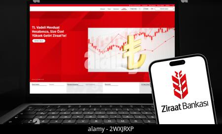 Istanbul, Turkey - 27 March 2024: Ziraat Bank logo on smartphone screen with its website in background. Ziraat Bank is a Turkish state-owned bank and Stock Photo