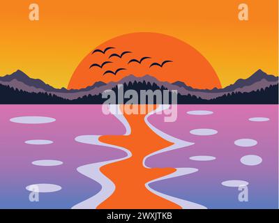Sunset on the lake with mountains and birds. Vector illustration. Stock Vector