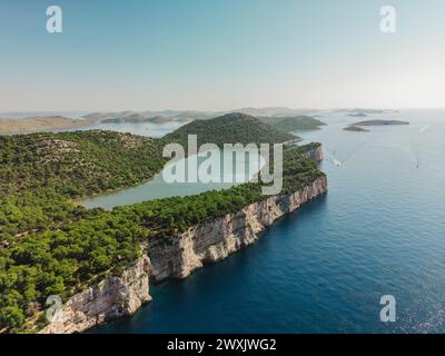 Aerial view of Telascica Nature Park with cliffs and forest, Mir salt lake, Croatia Stock Photo