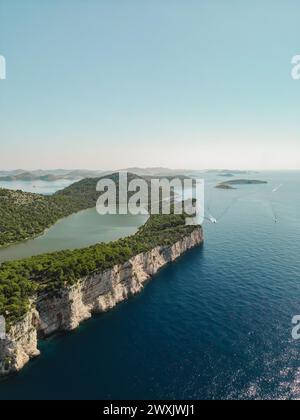 Drone view of Mir salt lake on Dugi Otok island, Telascica National Park with yachting tourism, Croatia Stock Photo