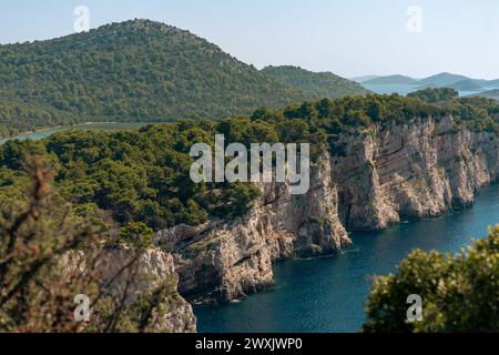 Aerial panorama view of cliffs near Salty lake and mountains in Dugi Otok island picturesque nature of Telascica National Park, Croatia Stock Photo