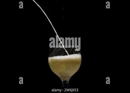 Fillet of milk with drops falling from above into a glass wine glass. Isolated on black background. Stock Photo