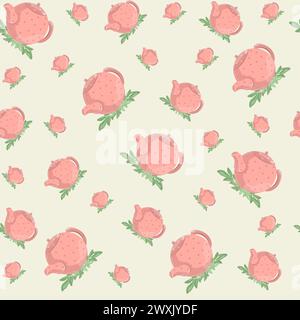 Seamless pattern with pink teapots and leaves on light coloured background. Cartoon crockery. Tea party. Vector illustration. Stock Vector