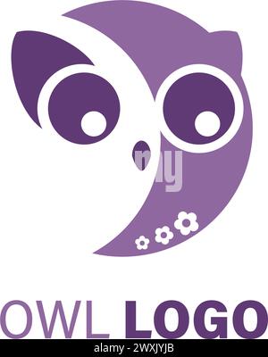 Purple owl half circle logo with big eyes and flowers. For companies and businesses. Vector for business cards and corporate identity. Stock Vector