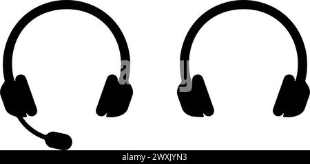 Headset with microphone and headphone icons. Music or radio listening equipment, online communication devices, DJ or gamer gadgets isolated on white background. Vector graphic illustration. Stock Vector
