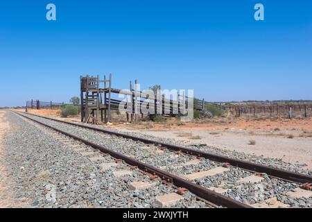 Old cattle or sheep loading ramp at Rawlinna railway station, a tiny remote Outback town along the Indian Pacific Railway Line on the Nullarbor Plain, Stock Photo