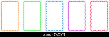 Set of colorful rectangle frames with wavy borders. Wiggly rectangular shapes with blurry aura effect. Empty text boxes or web banner templates with soft gradient edges. Vector graphic illustration. Stock Vector