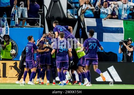 Charlotte, Nc, USA. 30th Mar, 2024. Charlotte FC celebrate after Charlotte FC Midfielder DJIBRIL DIANI (FRA) makes a goal against the FC Cincinnati during the Charlotte FC Vs FC Cincinnati match at Bank of America Stadium in Charlotte, NC. The game ends in a 1-1 draw. (Credit Image: © Walter G Arce Sr Grindstone Medi/ASP) EDITORIAL USAGE ONLY! Not for Commercial USAGE! Stock Photo