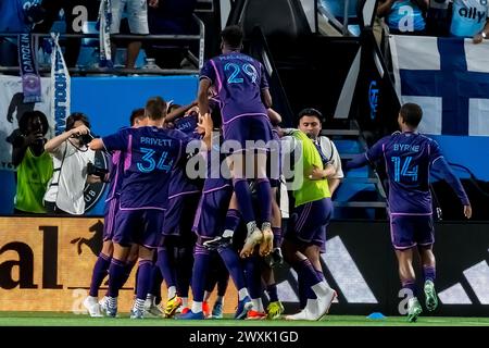 Charlotte, Nc, USA. 30th Mar, 2024. Charlotte FC celebrate after Charlotte FC Midfielder DJIBRIL DIANI (FRA) makes a goal against the FC Cincinnati during the Charlotte FC Vs FC Cincinnati match at Bank of America Stadium in Charlotte, NC. The game ends in a 1-1 draw. (Credit Image: © Walter G Arce Sr Grindstone Medi/ASP) EDITORIAL USAGE ONLY! Not for Commercial USAGE! Stock Photo