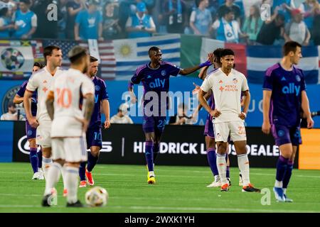 Charlotte, Nc, USA. 30th Mar, 2024. Charlotte FC celebrate after Charlotte FC Midfielder DJIBRIL DIANI (FRA) makes a goal against the FC Cincinnati during the Charlotte FC Vs FC Cincinnati match at Bank of America Stadium in Charlotte, NC. The game ends in a 1-1 draw. (Credit Image: © Walter G Arce Sr Grindstone Medi/ASP) EDITORIAL USAGE ONLY! Not for Commercial USAGE! Stock Photo