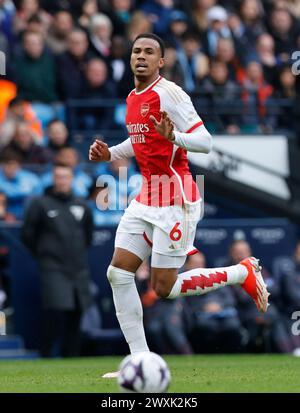 Etihad Stadium, Manchester, UK. 31st Mar, 2024. Premier League Football, Manchester City versus Arsenal; Gabriel of Arsenal Credit: Action Plus Sports/Alamy Live News Stock Photo