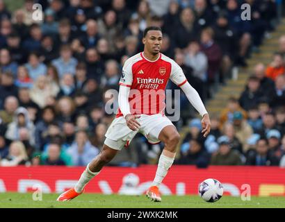 Etihad Stadium, Manchester, UK. 31st Mar, 2024. Premier League Football, Manchester City versus Arsenal; Gabriel of Arsenal, at the Etihad. Credit: Action Plus Sports/Alamy Live News Stock Photo