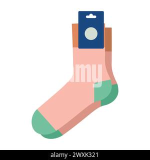 Pink socks with logo tag hosiery high ankle length. Fashion accessory clothing technical illustration stocking. Vector, side view for Men, women, unisex style, flat sketch isolated on white background Stock Vector