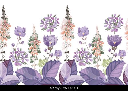 Vector floral seamless pattern, border. Lilac, violet, peach color flowers Stock Vector