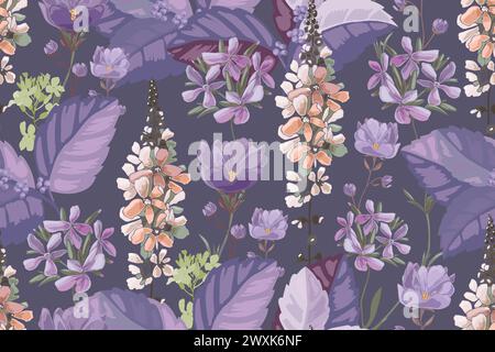 Vector floral seamless pattern. Lilac, violet, peach color flowers Stock Vector