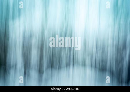 Abstract Intentional Camera Movement (ICM) created soft vertical lines of turquoise, emerald and white from snow-covered forest. Stock Photo