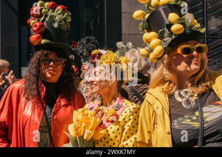 Manhattan, USA. 31st Mar, 2024. Thousands of people gather for the annual Easter Bonnet Parade outside St. Patrick's Cathedral in Midtown, Manhattan, NY on Sunday, March 31, 2024. Elaborate fascinators and fashions blanket Fifth Avenue in celebration of easter and the spring equinox. (Photo by Cristina Matuozzi/SIPA USA) Credit: Sipa USA/Alamy Live News Stock Photo