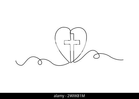 Christian Cross and Heart One Line Drawing with Editable Stroke Stock ...