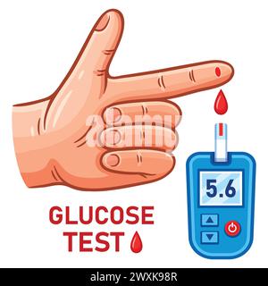 Glucometer, blood glucose test meter, sugar level medical measuring from finger hand, diabetes insulin monitoring health care electronic device vector Stock Vector