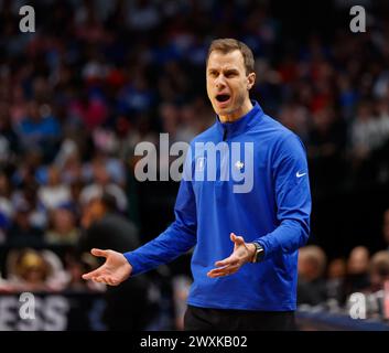 Dallas, Texas, USA. 31st Mar, 2024. Duke head coach JON SCHEYER reacts to a play during the NCAA Men's Basketball Tournament Regional Final game between Duke and NC State on March 31, 2024. NC State upset Duke, 76-64, to advance to the Final Four. (Credit Image: © Scott Coleman/ZUMA Press Wire) EDITORIAL USAGE ONLY! Not for Commercial USAGE! Stock Photo