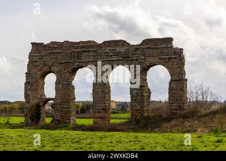 Park of the Aqueducts (Parco degli Acquedotti), an archeological public park in Rome, Italy, part of the Appian Way Regional Park, with monumental rui Stock Photo