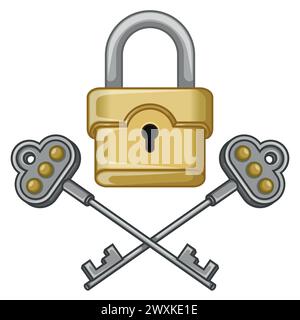 Vector design of Metal padlock with old keys, padlock and keys for locksmith Stock Vector