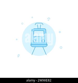 Tram, trolleybus vector icon. Flat illustration. Filled line style. Blue monochrome design. Editable stroke. Adjust line weight. Stock Vector