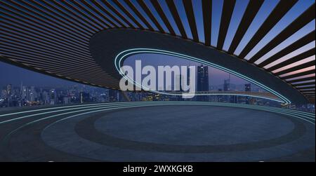 A city skyline view at night from the top of a building, showing illuminated skyscrapers, street lights, traffic, and a bustling urban environment.3D Stock Photo
