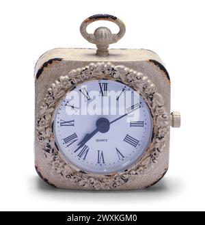 Old Clock Front View Cut Out on White. Stock Photo