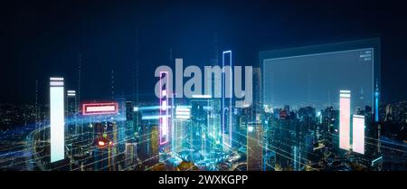 Panoramic view of a modern city at night, enhanced by glowing virtual data structures, including graphs and interface elements.Concept of a smart city Stock Photo