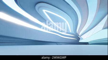Modern, sleek design of curved lines and blue tones, depicting advanced architectural concepts. 3D render Stock Photo