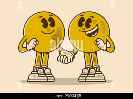 Vintage mascot character of two ball head, in hand in hand pose Stock Vector