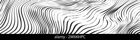 Striped waves drawn in ink. Abstract geometric background with monochrome water surface texture. Vector illustration of diagonal curved lines. Black Stock Vector