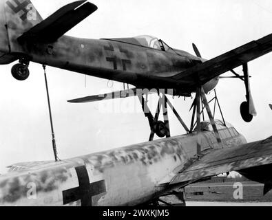 Pictured is the German Pick-A-Back Plane, Captured by the 1st U.S. Army in Merseburg, Germany ca. probably 1945 Stock Photo
