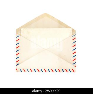 Font view of blank vintage aged opened letter paper envelope with striped edges and retro card inside. Old envelope with blank card. Isolated on white Stock Photo