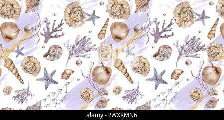 Seashells Corals Starfish Algae Pearls Seaweed. Watercolor illustration on black background. Seamless Pattern. white background. For design fabric, te Stock Photo