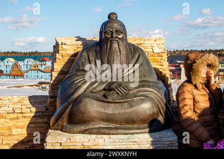 Kaluga region, Russia - March 2019: Monument to the ancient Chinese philosopher Laozi (Lao Tzu, Lao-Tze). Ethnographic Park Ethnomir Stock Photo