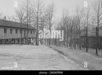 WAR PRISON BARRACKS #1, Fort McPherson, Ga. Inside view of portion of stockade. Building at the left is portion of the Prisoner of War Hospital; building at right is Prisoner of War workshop ca. 1918-1919 Stock Photo
