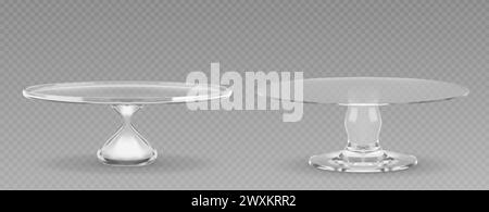 3d glass cake plate for dessert isolated vector. Realistic birthday dish stand for table. Empty pie display tray graphic set. Pretty crystal sweet food pedestal. Luxury cupcake showcase glassware Stock Vector