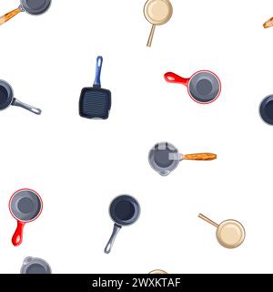 Seamless pattern with frying pans on a white background for printing in cafe and restaurant menus. Bright dishes for roasting and stewing food. Vector illustration for packaging. Stock Vector