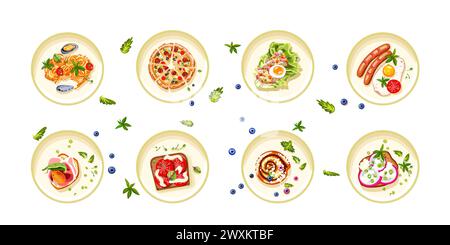 A set of fast food and snacks for printing on cafe and restaurant menus. Healthy food. Italian dishes, desserts for breakfast, lunch, and dinner. Isolated Vector illustration. Stock Vector