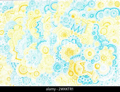 Abstract background filled with ornament in doodle style. Thin lines, dots, swirls, spirals, waves, zigzags. Blue and yellow color. White background. Stock Photo