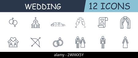 Wedding set line icon. Church, bow, Cupid, love, emotions, couple, groom, bride, contract, document, registration. 12 line icon. Vector line icon for Stock Vector