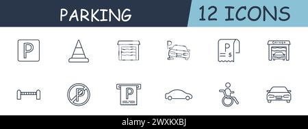 Parking set line icon. Car, stroller, garage, cone, bill. 12 line icon. Vector line icon for business and advertising Stock Vector
