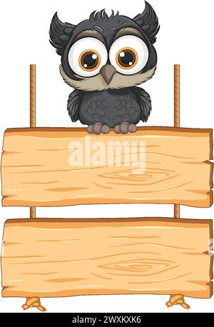Adorable cartoon owl perched on blank signboards. Stock Vector