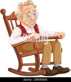 Cheerful senior gentleman relaxing in a wooden rocker Stock Vector