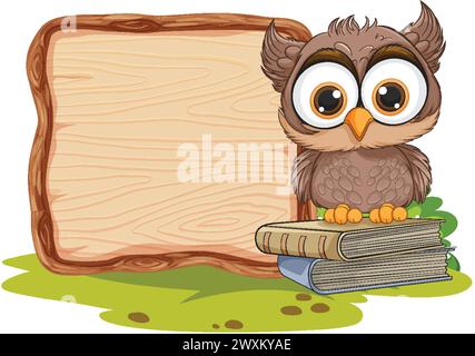 Cute owl perched on books beside empty sign Stock Vector