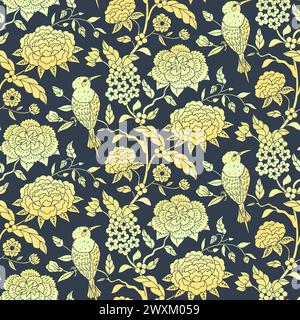 Seamless pattern with monochrome golden chinoiserie hand drawn flowers and birds motifs Stock Vector